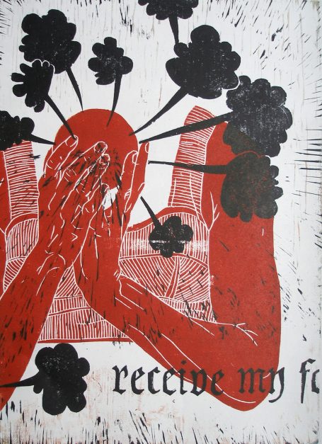 farbiger Holzschnitt, 2015. Frau hält Kugel in der Hand