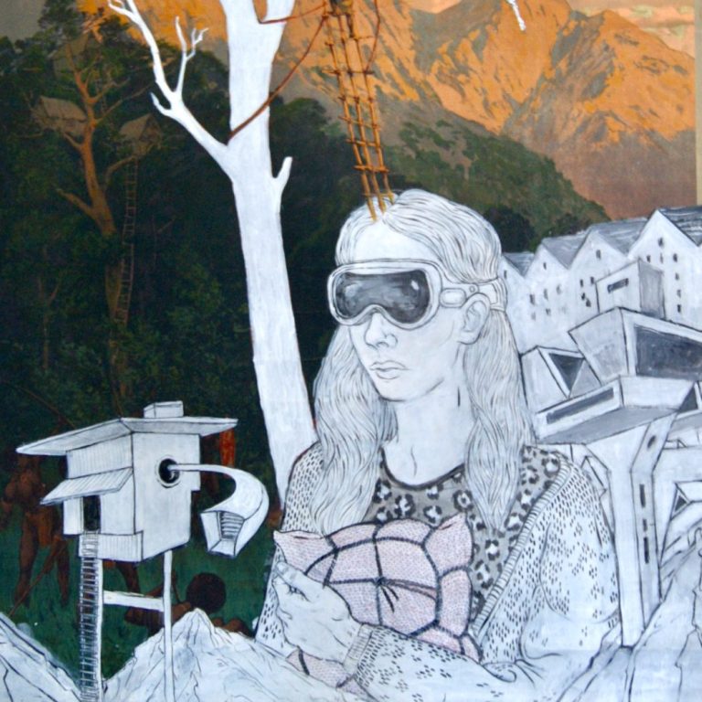 Zeichnung Pandora auf Rollkarte Lehrtafel überzeichnet und bestickt