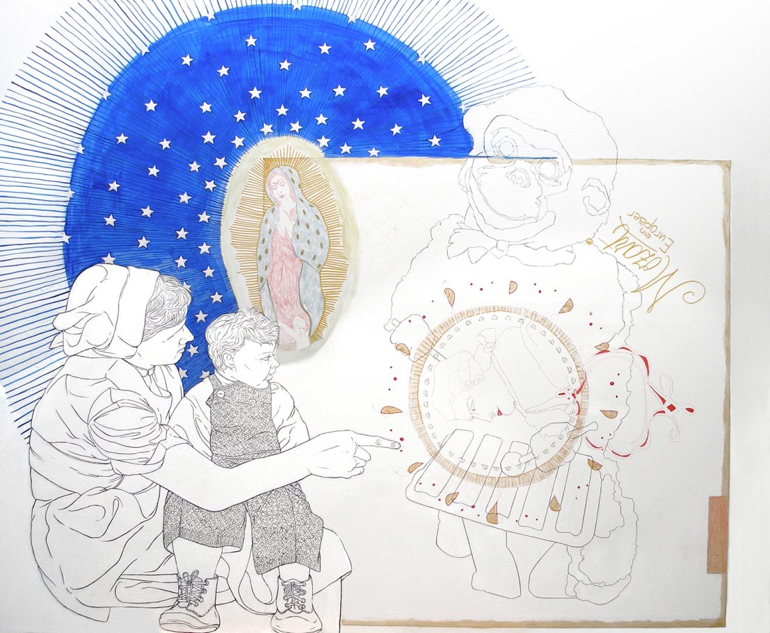 Zeichnung auf Leinwand, Felix Carl Annette Stier und Tamara Trölsch, "Mozart Greatest Hits" 2008