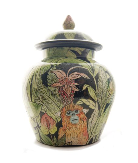 tropische Deckeldose bemalt mit Dschungel Motiv und Affen