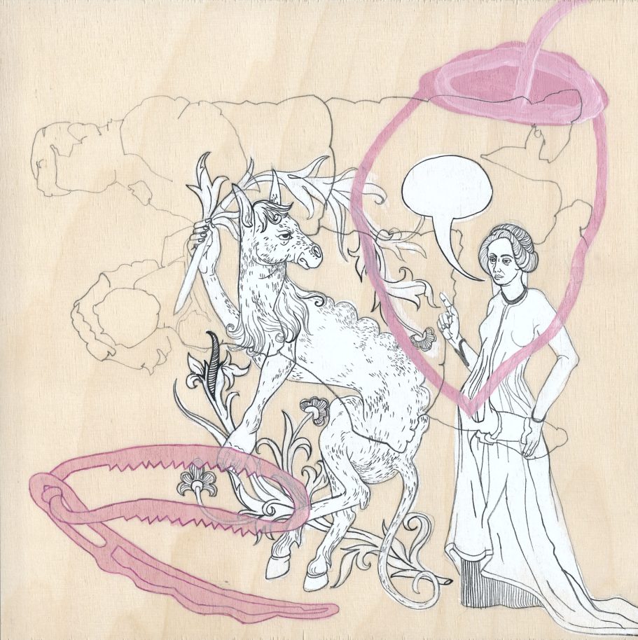 Zeichnung auf Holzplatte,  20x20cm.
Felix Carl, Annette Stieger und Tamara Trölsch, "Candy", 2004