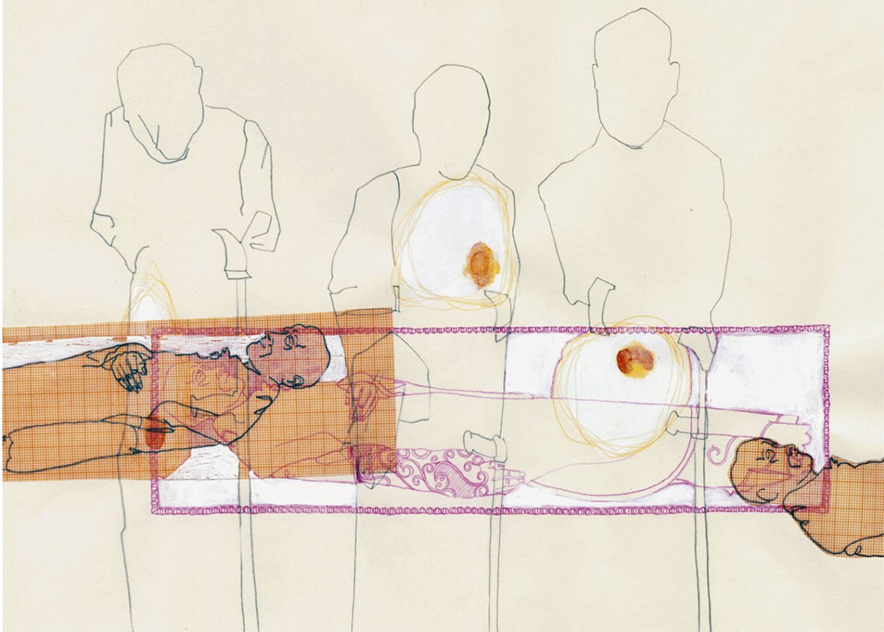 Zeichnung auf Papier,  21x29,7cm.
Felix Carl, Annette Stieger und Tamara Trölsch, "Eilige des Tages", 2001