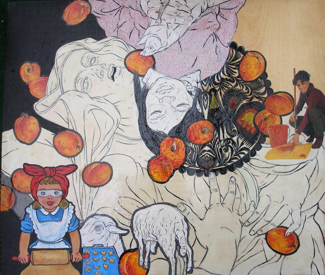 Zeichnung auf Holzplatte gelackt"Leckerbissen" 2008