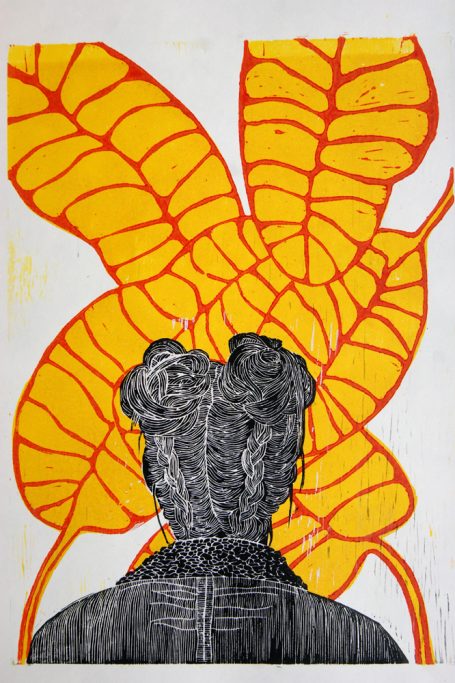 farbiger Holzschnitt, 2020. Mädchen von hinten mit tropischen Blättern