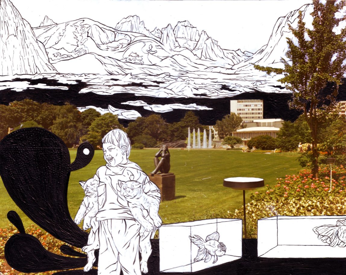 Zeichnung auf Holzbrett Übermalte Stadtansicht