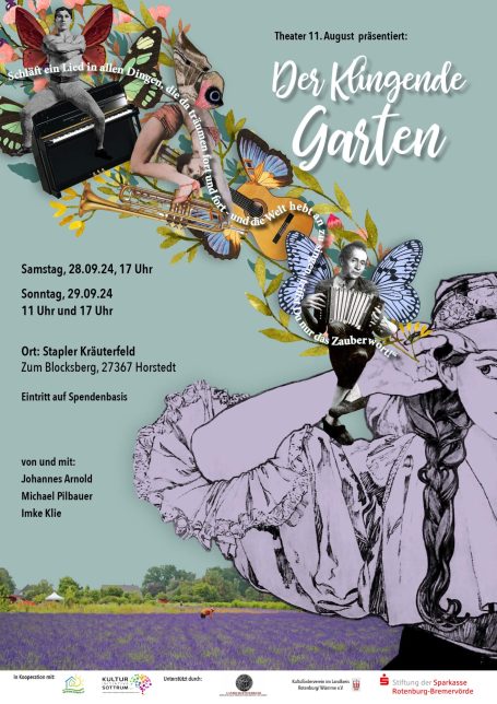 Theater 11.August, Postkarte und Plakat für ein Theaterstück: Der klingende Garten