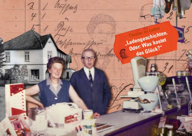 Theater 11.August, Postkarte und Plakat für ein Theaterstück: Ladengeschichten oder was kostet das Glück