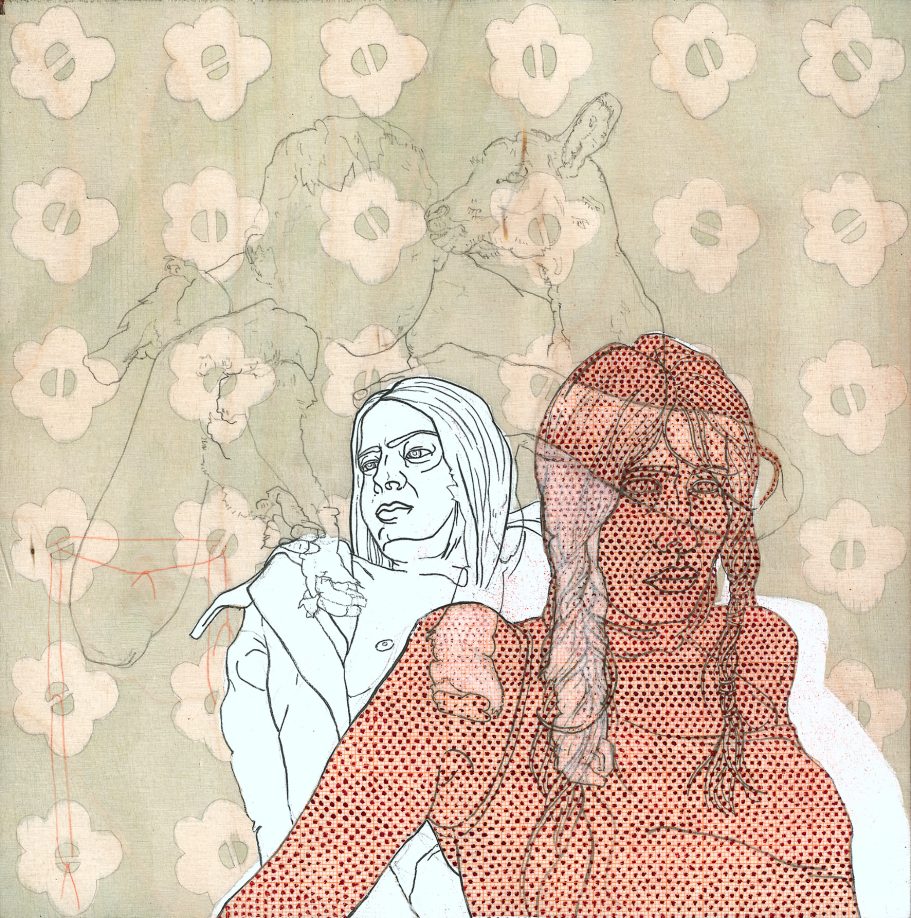 Zeichnung auf Holzplatte,  20x20cm.
Felix Carl, Annette Stieger und Tamara Trölsch, "Candy", 2004