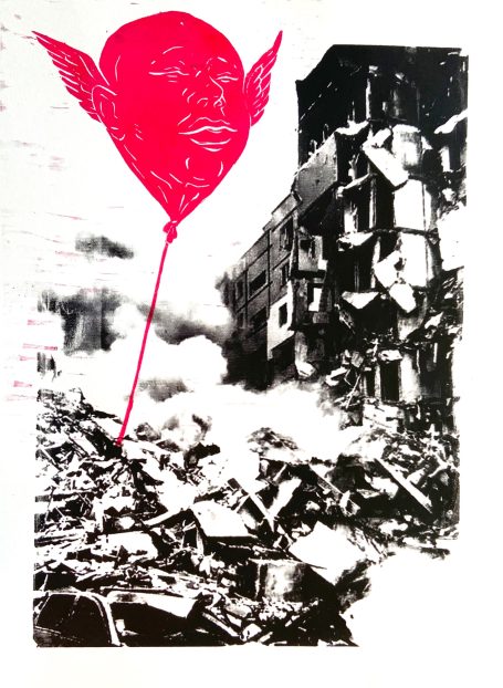 Holzschnitt und Siebdruck, 2025
Ballongesicht und Ruinenlandschaft