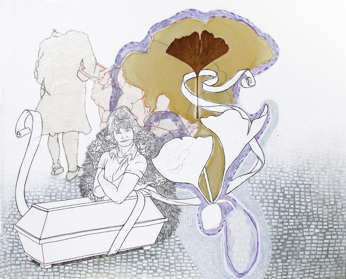 Zeichnung, Felix Carl Annette Stier und Tamara Trölsch, "Gikgobaum sucht Freunde auf dem Friedhof" 2013