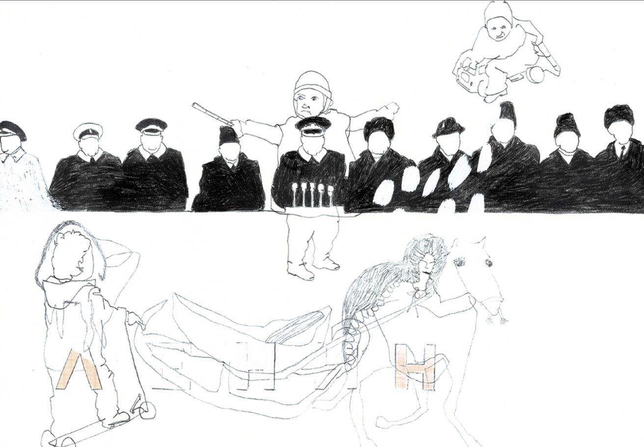 Zeichnung auf Papier,  21x29,7cm.
Felix Carl, Annette Stieger und Tamara Trölsch, "Ostblock", 2001