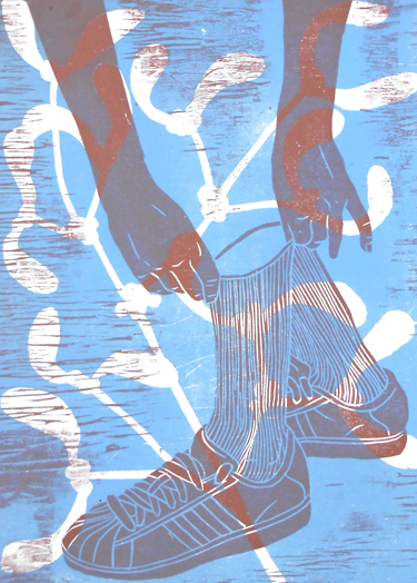 farbiger Holzschnitt, 2014. Turnschuhe und Hände