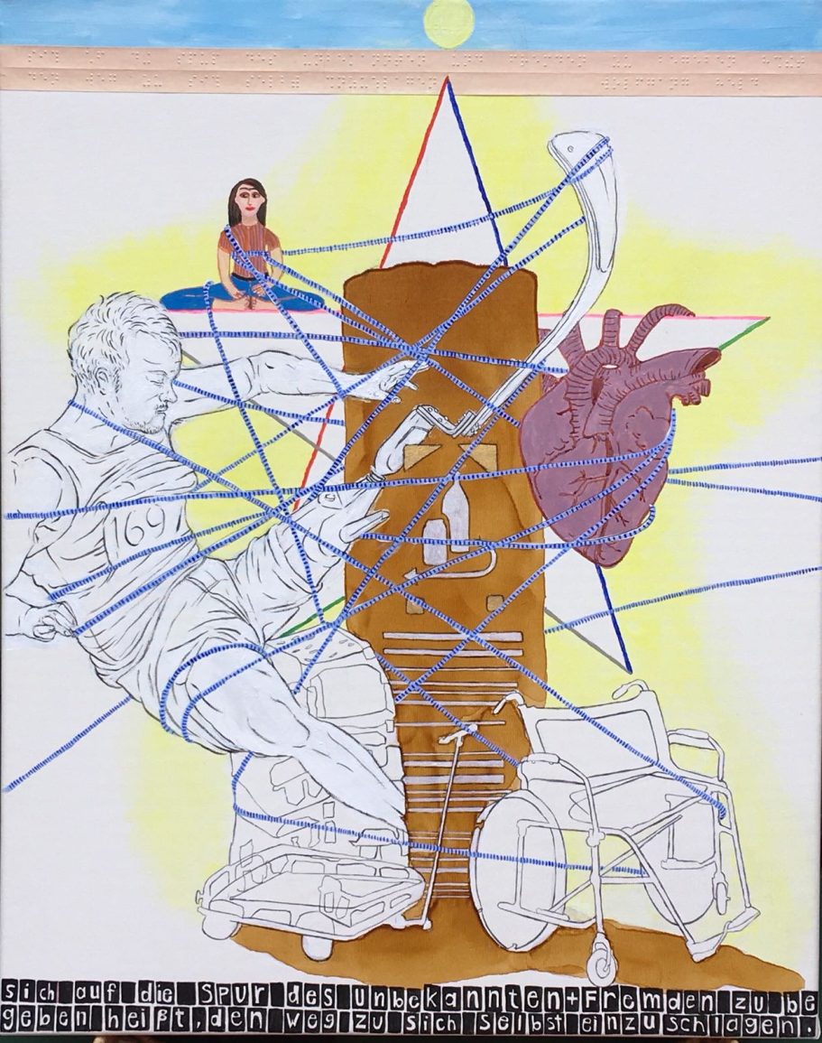 Zeichnung auf Leinwand, Felix Carl Annette Stier und Tamara Trölsch, "Behinderte und Gesellschaft", 2018