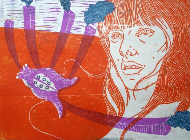 farbiger Holzschnitt, 2012. Mädchenkopf