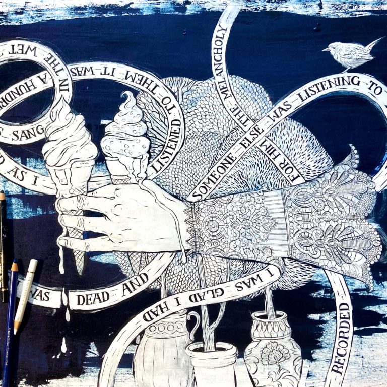 Zeichnung 2025 Zeichnung: eine Hand hält zwei schmelzende Eisbecher, umgeben von Texten.