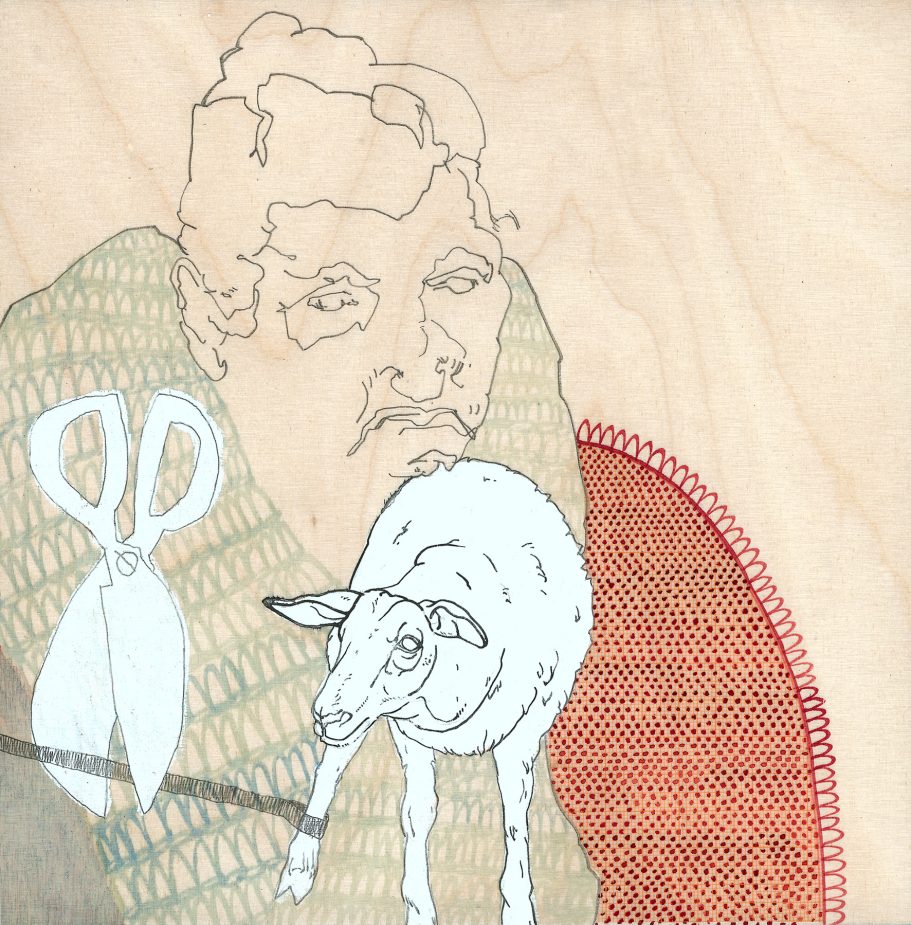 Zeichnung auf Holzplatte,  20x20cm.
Felix Carl, Annette Stieger und Tamara Trölsch, "Candy", 2004