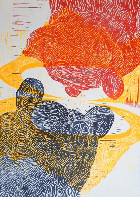 farbiger Holzschnitt, 2015. 2 Bären