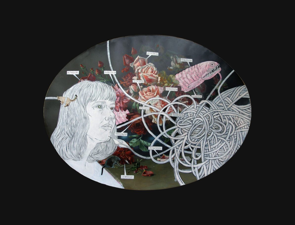 Zeichnung auf Öldruck mit Farbwerten "Magenta" 80 x 40cm,2010