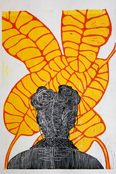 Holzschnitt Frau von hinten