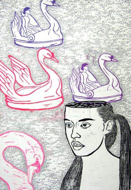 farbiger Holzschnitt, 2015. Frau ound Schwäne