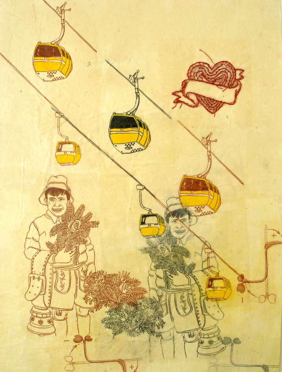 Transferdruck, bestickt und überzeichnet auf Japanpapier 2002