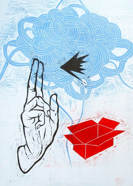 farbiger Holzschnitt  mit segnender hand und Kiste