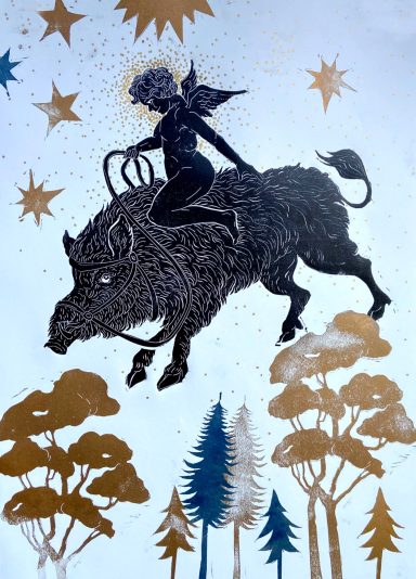 Linolschnitt Wildschwein mit Engel