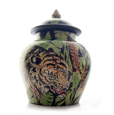 tropische Deckeldose bemalt mit Dschungel Motiv und Löwe