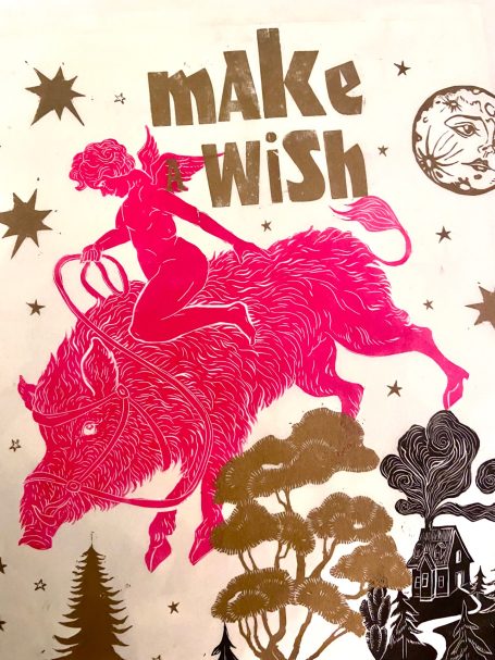 Plakat Linolschnitt 2025
Wildschwein und Engel, "make a wish"
