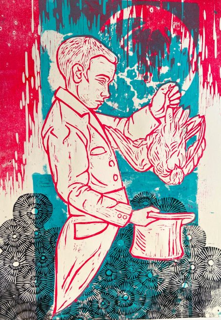 Holzschnitt und Siebdruck, 2025
Zauber und Weltraum im Hintergrund