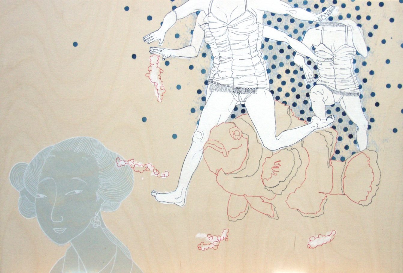 Zeichnung auf Holzplatte, Felix Carl Annette Stier und Tamara Trölsch, "lautlos" 2004