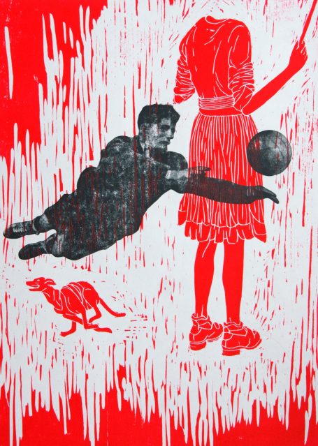 farbiger Holzschnitt, 2015. Frau ohne Kopf und Fussballer