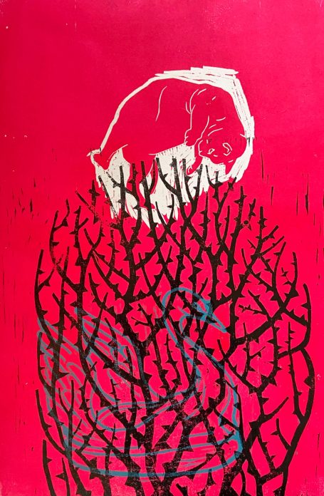 Holzschnitt, 2024 mit fallender Katze und Dornbusch