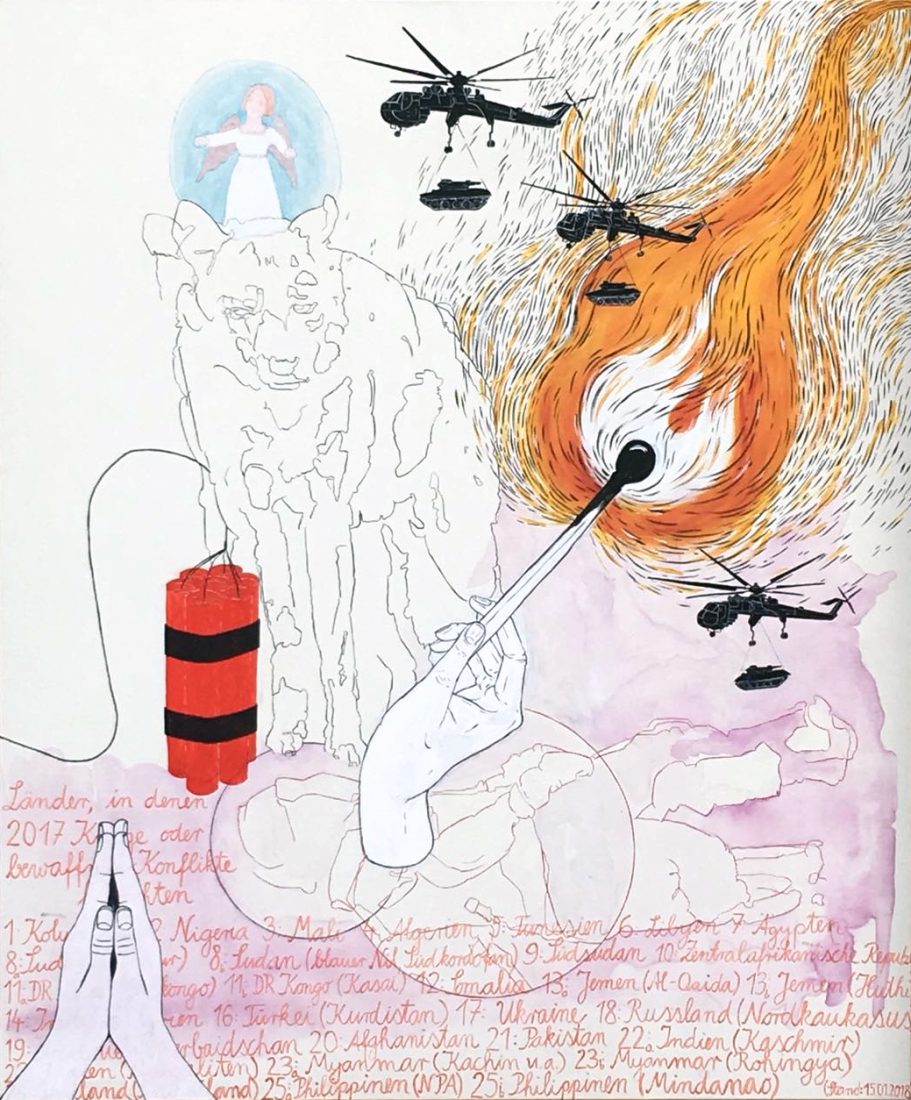 Zeichnungauf Leinwand, Felix Carl Annette Stier und Tamara Trölsch, "Weltenbrand", 2018