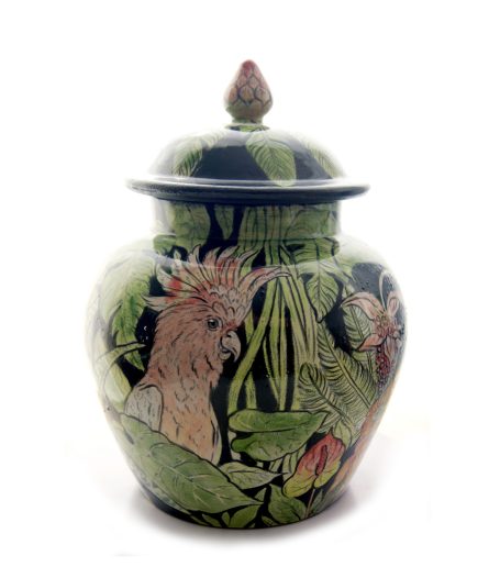 tropische Deckeldose bemalt mit Dschungel Motiv und Papagei