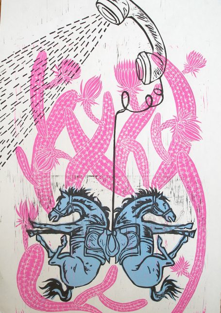 farbiger Holzschnitt, 2015. 2 Pferde und Kaktus