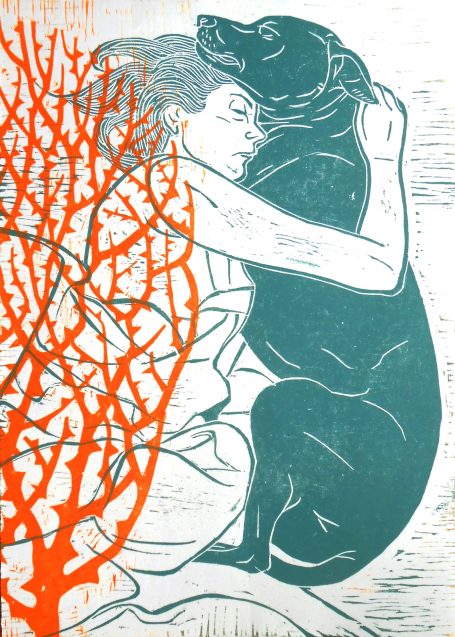 farbiger Holzschnitt, 2017. Mädchen und Hund